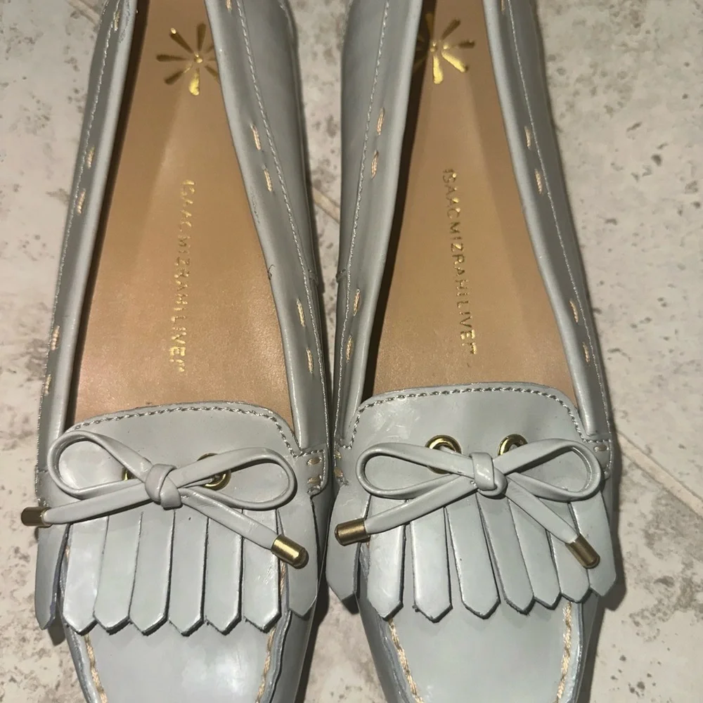 Patent Leather Gray Loafers‎ with Bow and Fringe Details Preppy Boho Size 8